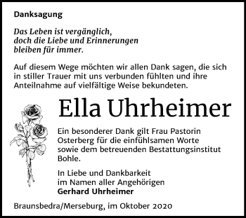 Traueranzeige von Ella Uhrheimer von Super Sonntag Merseburg/Querfurt