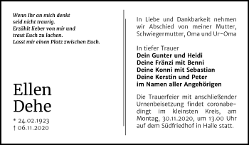 Traueranzeige von Ellen Dehe von Mitteldeutsche Zeitung Halle/Saalkreis