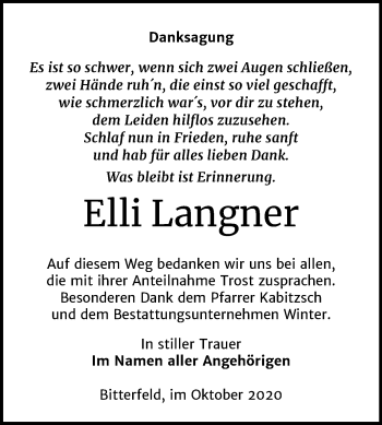 Traueranzeige von Elli Langner von Mitteldeutsche Zeitung Bitterfeld