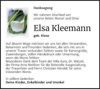 Traueranzeige von Elsa Kleemann von Mitteldeutsche Zeitung Sangerhausen