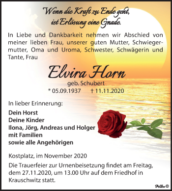 Traueranzeige von Elvira Horn von Mitteldeutsche Zeitung Weißenfels