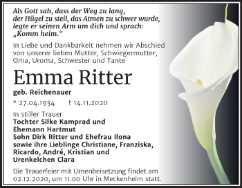 Traueranzeige von Emma Ritter von Mitteldeutsche Zeitung Merseburg/Querfurt