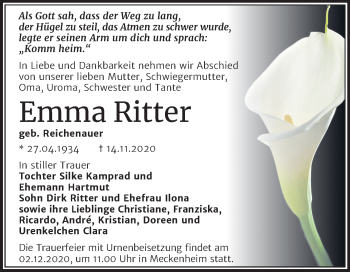 Traueranzeige von Emma Ritter von Wochenspiegel Merseburg/Querfurt