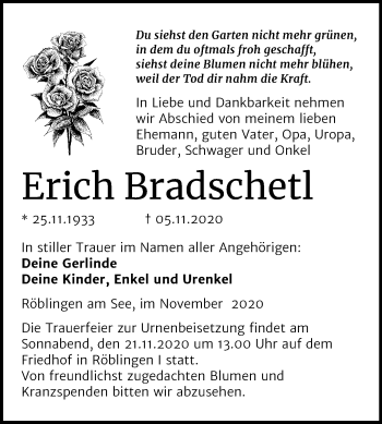 Traueranzeige von Erich Bradschetl von Super Sonntag Mansfelder Land