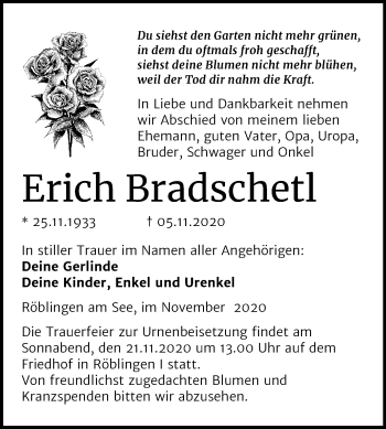 Traueranzeige von Erich Bradschetl von Mitteldeutsche Zeitung Mansfelder Land