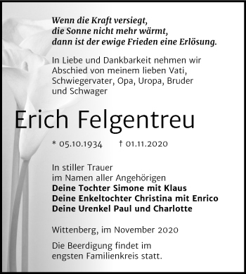 Traueranzeige von Erich Felgentreu von Super Sonntag Wittenberg