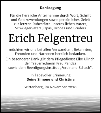 Traueranzeige von Erich Felgentreu von Super Sonntag Wittenberg
