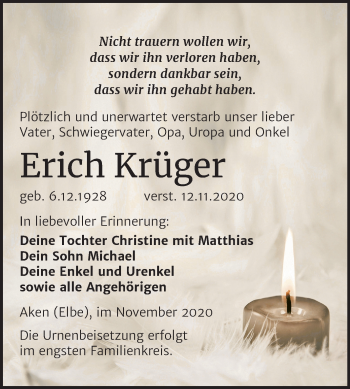 Traueranzeige von Erich Krüger von Super Sonntag Köthen