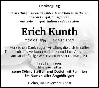 Traueranzeige von Erich Kunth von Wochenspiegel Naumburg/Nebra