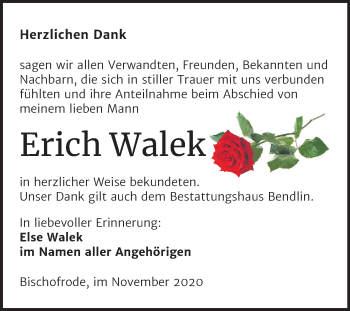 Traueranzeige von Erich Walek von Mitteldeutsche Zeitung Mansfelder Land