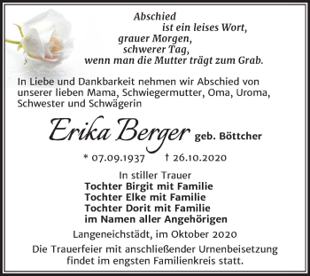 Traueranzeige von Erika Berger von Mitteldeutsche Zeitung Merseburg/Querfurt