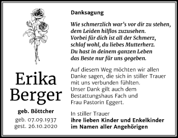 Traueranzeige von Erika Berger von Mitteldeutsche Zeitung Merseburg/Querfurt