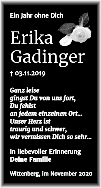 Traueranzeige von Erika Gadinger von Mitteldeutsche Zeitung Wittenberg