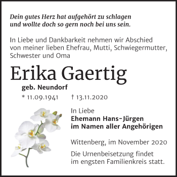 Traueranzeige von Erika Gaertig von Mitteldeutsche Zeitung Wittenberg