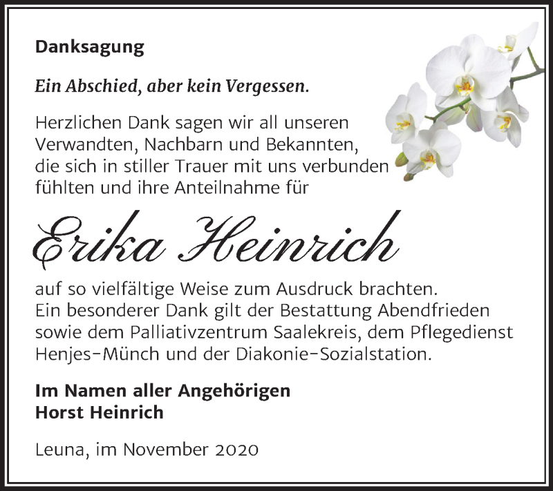  Traueranzeige für Erika Heinrich vom 28.11.2020 aus Mitteldeutsche Zeitung Merseburg/Querfurt