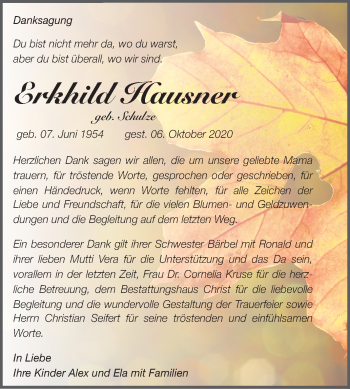 Traueranzeige von Erkhild Hausner von Mitteldeutsche Zeitung Aschersleben