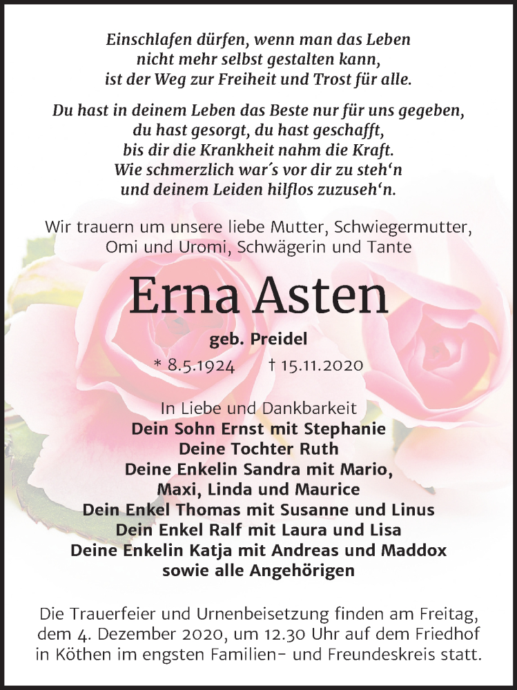  Traueranzeige für Erna Asten vom 21.11.2020 aus Super Sonntag Köthen
