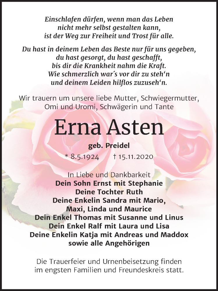  Traueranzeige für Erna Asten vom 19.11.2020 aus Mitteldeutsche Zeitung Köthen