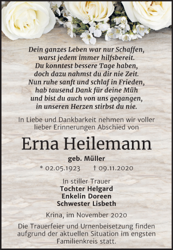 Traueranzeige von Erna Heilemann von Mitteldeutsche Zeitung Bitterfeld