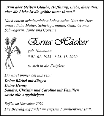 Traueranzeige von Erna Häcker von Mitteldeutsche Zeitung Sangerhausen