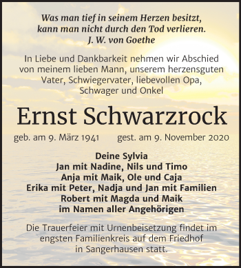 Traueranzeige von Ernst Schwarzrock von Super Sonntag Sangerhausen