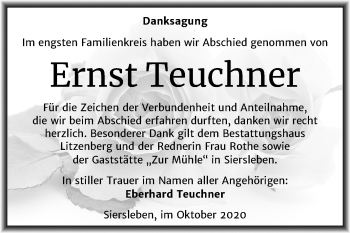 Traueranzeige von Ernst Teuchner von Wochenspiegel Mansfelder Land