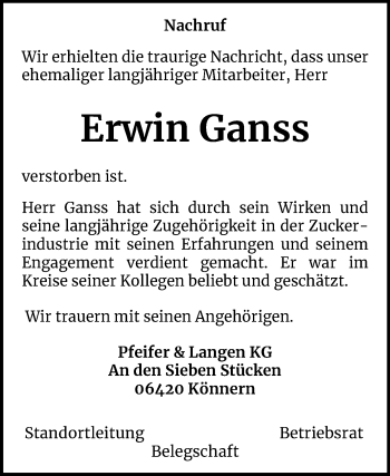 Traueranzeige von Erwin Ganss von Wochenspiegel Mansfelder Land