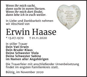 Traueranzeige von Erwin Haase von Super Sonntag Wittenberg