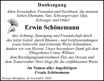 Traueranzeige von Erwin Schönemann von Super Sonntag Dessau-Roßlau