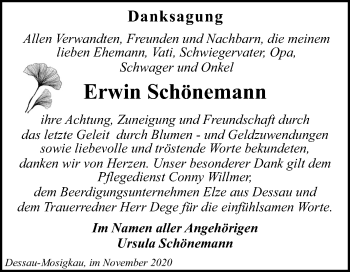 Traueranzeige von Erwin Schönemann von Mitteldeutsche Zeitung Dessau-Roßlau