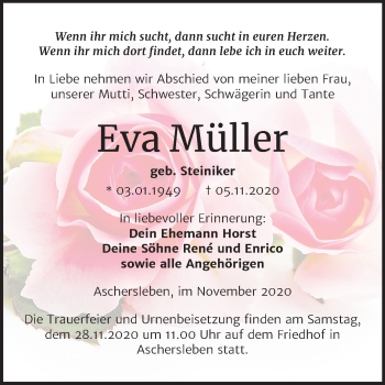 Traueranzeige von Eva Müller von Super Sonntag Aschersleben