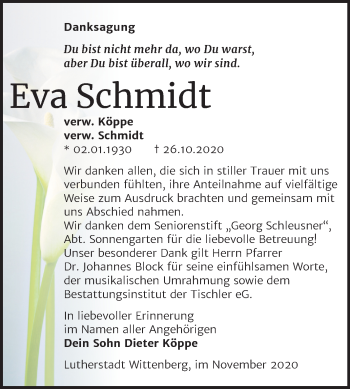 Traueranzeige von Eva Schmidt von Mitteldeutsche Zeitung Wittenberg