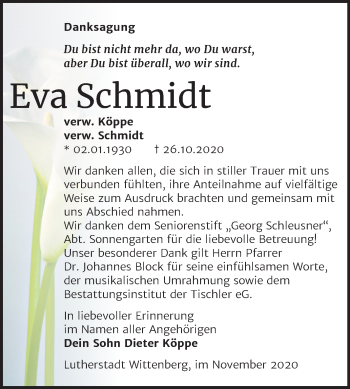 Traueranzeige von Eva Schmidt von Super Sonntag Wittenberg