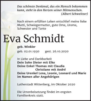 Traueranzeige von Eva Schmidt von Super Sonntag Wittenberg