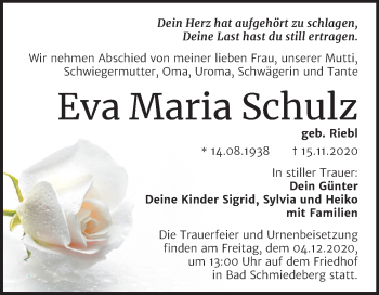 Traueranzeige von Eva Maria Schulz von Super Sonntag Wittenberg