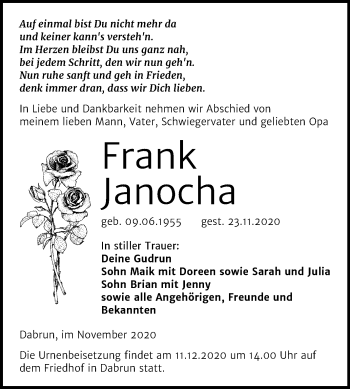 Traueranzeige von Frank Janocha von Mitteldeutsche Zeitung Wittenberg