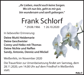 Traueranzeige von Frank Schlorf von Wochenspiegel Weißenfels
