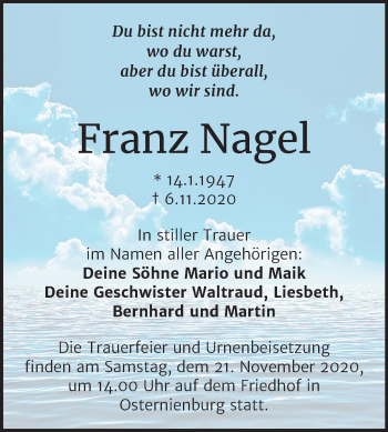 Traueranzeige von Franz Nagel von Super Sonntag Köthen