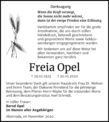 Traueranzeige von Freia Opel von Wochenspiegel Naumburg/Nebra