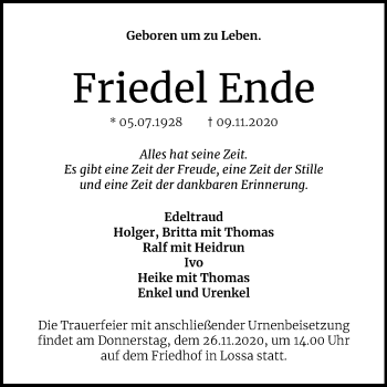 Traueranzeige von Friedel Ende von Wochenspiegel Naumburg/Nebra