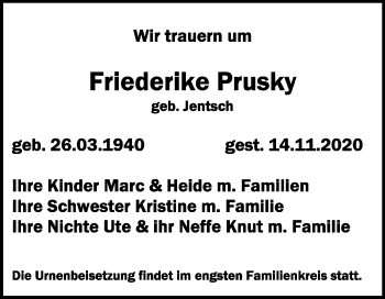 Traueranzeige von Friederike Prusky von Mitteldeutsche Zeitung Köthen
