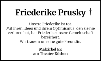 Traueranzeige von Friederike Prusky von Super Sonntag Köthen