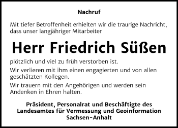 Traueranzeige von Friedrich Süßen von Mitteldeutsche Zeitung Wittenberg