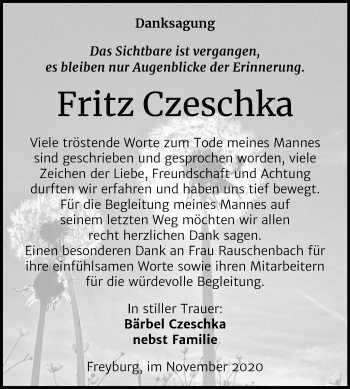 Traueranzeige von Fritz Czeschka von Mitteldeutsche Zeitung Naumburg/Nebra