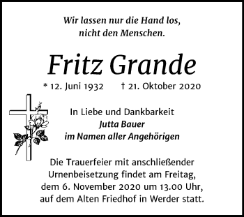 Traueranzeige von Fritz Grande von Wochenspiegel Bitterfeld