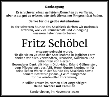 Traueranzeige von Fritz Schöbel von Mitteldeutsche Zeitung Mansfelder Land