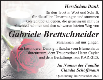 Traueranzeige von Gabriele Brettschneider von Super Sonntag Quedlinburg