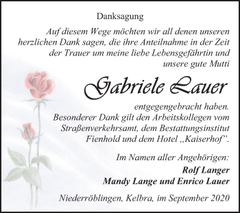 Traueranzeige von Gabriele Lauer von Mitteldeutsche Zeitung Sangerhausen