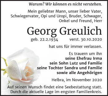 Traueranzeige von Georg Greulich von Mitteldeutsche Zeitung Mansfelder Land