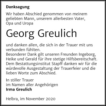 Traueranzeige von Georg Greulich von Mitteldeutsche Zeitung Mansfelder Land